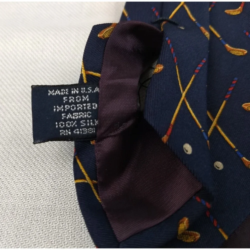 Polo Ralph Lauren 100% Silk Tie Handmade‎ Navy & Tan Golf Clubs Ball USA Vintage